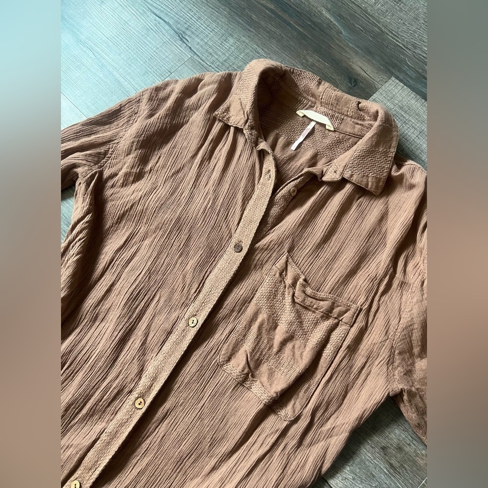 Free People Cotton Tan Button-Front Maxi Shirt Dress Size S - Picture 3 of 7